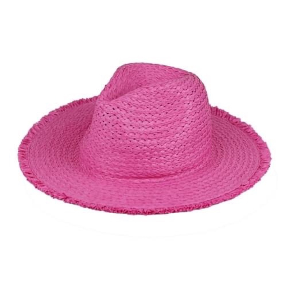 New Pink Straw Fedora Hat with Frayed Edges One Size